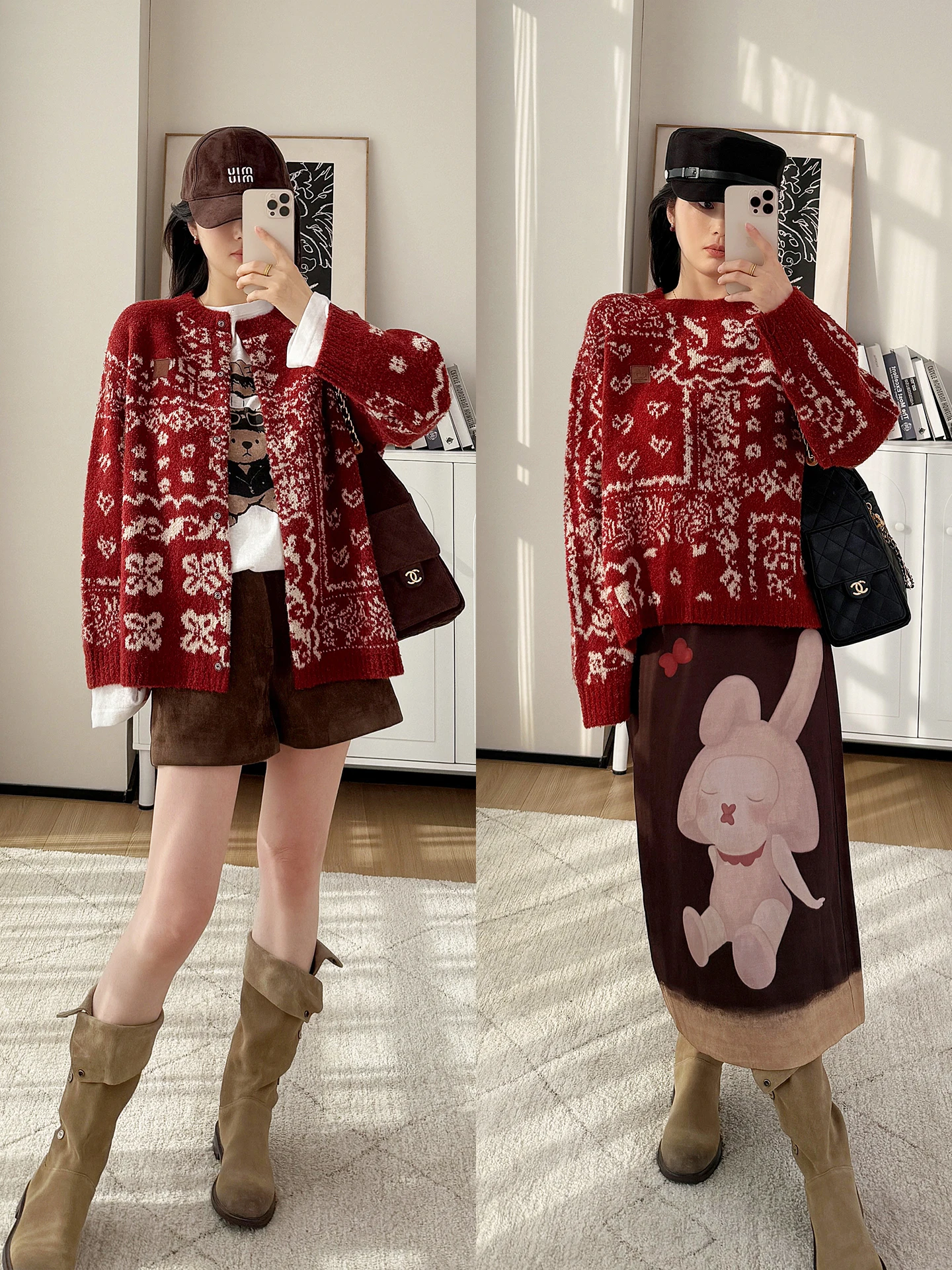 

Original Yarn Knitted Fair Isle Motif Woolen Open Cardigan Women's Loose Fit round Ne Slimming Sweater for New Year Celebra...