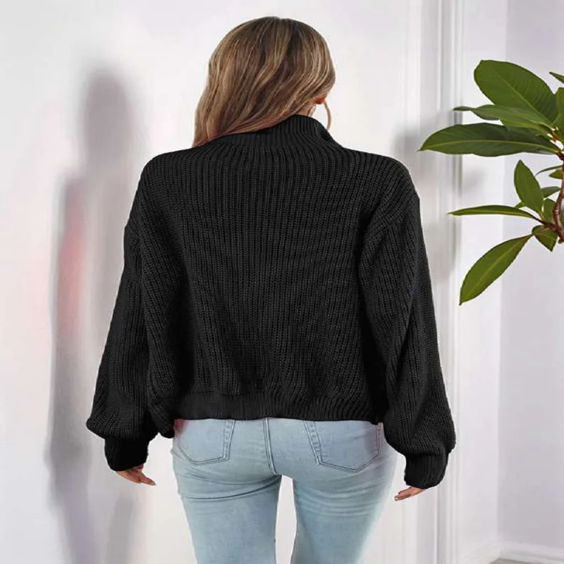 Dames gebreid vest met col en lange mouwen Herfst en winter Los gebreid vest met ritssluiting