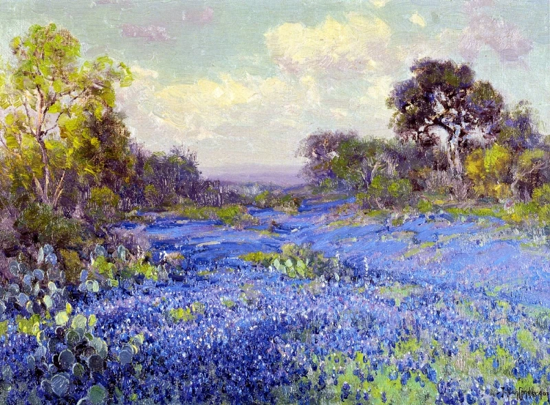 100% Handmade Famous Oil Painting Reproduction on Linen Canvas，Blue Bonnets at Late Afternoon 1915 by  Robert Julian Onderdonk