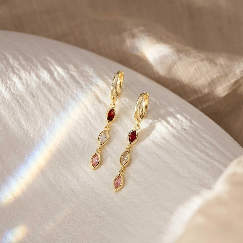 Gold Textured Pendant Earrings Long Vertical Lines Grid Shaped Multi-color Synthetic Zircon Exquisite Linear Women Jewelry Gift