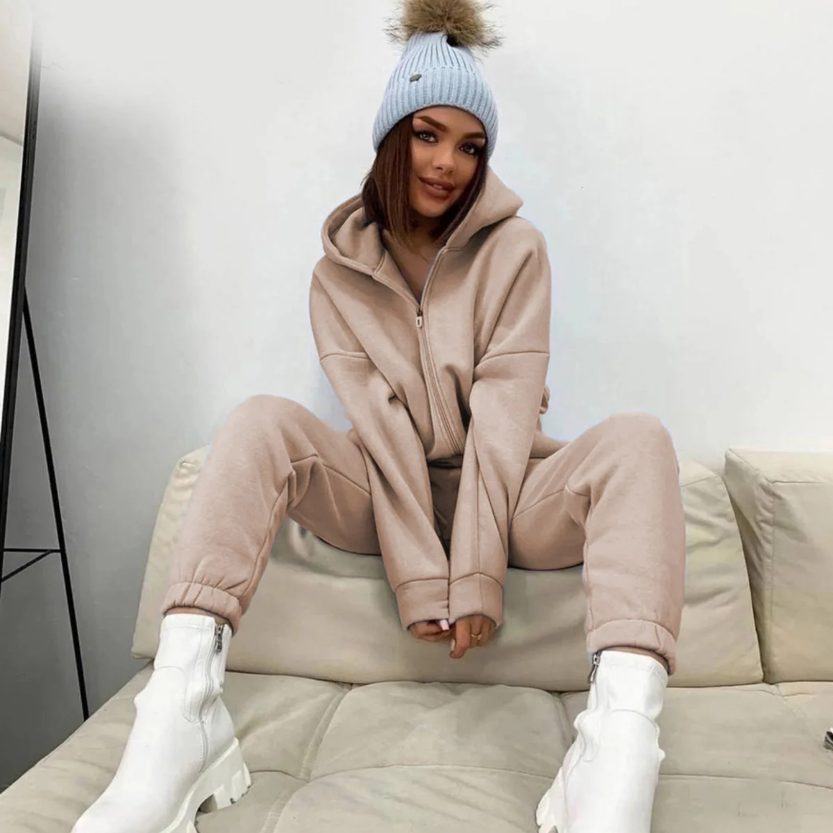 Zipper Hooded Coat Pants Sets Women Tracksuit Two Piece Set Sweatshirts Hooded Jacket Long Pants Thick Casual Autumn Winter