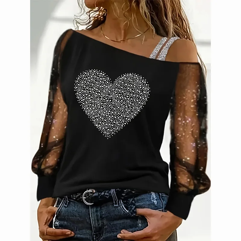 Love t-shirt damski perspektywa błyszczący srebrny Backstrap z długim rękawem sweter z odkrytymi ramionami odzież uliczna Top