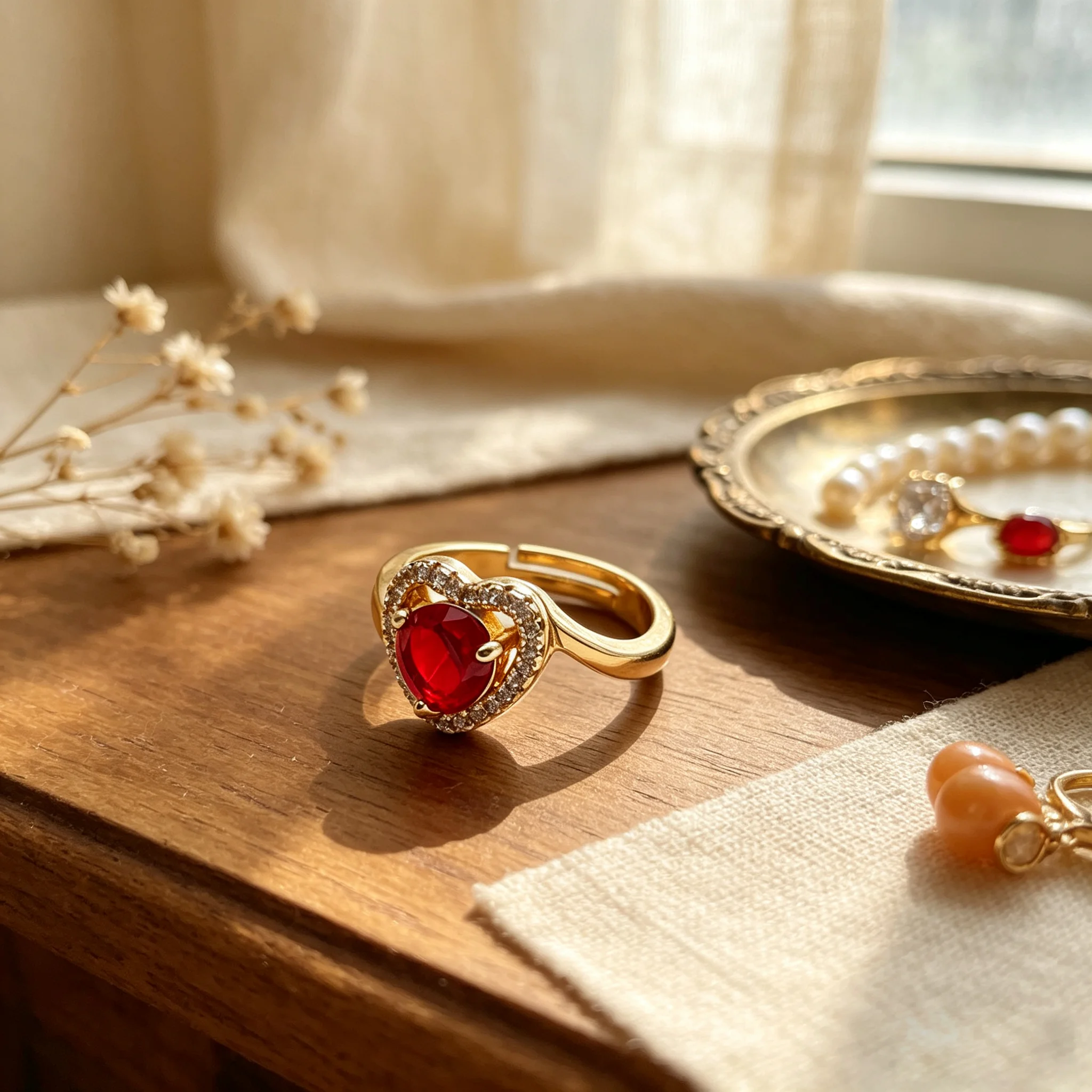 Rotatable Red Heart Ruby Anxiety Ring Women Clear Zircon Halo Spinner Ring Adjustable Open Band Anti Stress Love Jewelry Gift
