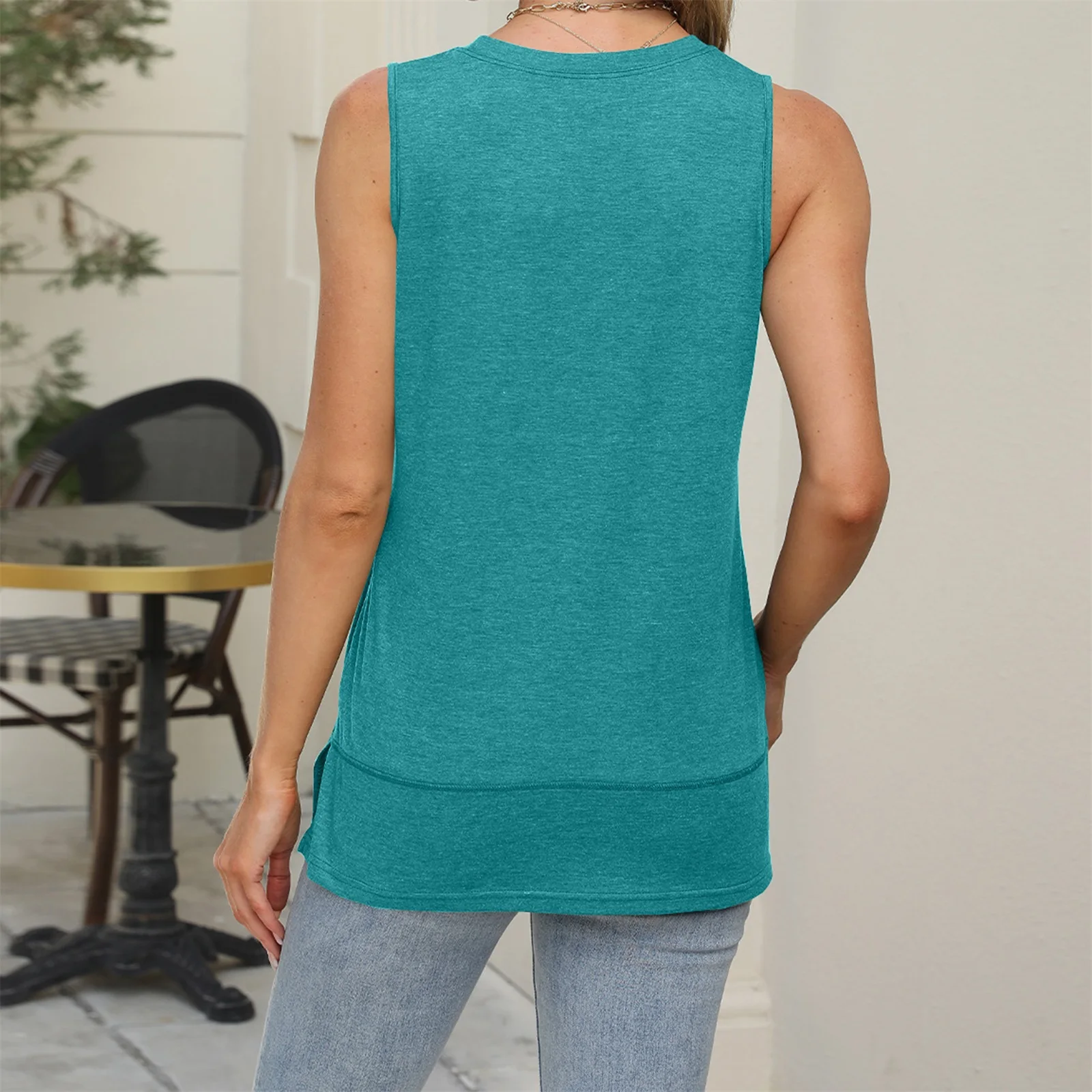 Summer Women's Solid Color Tunic Tank Tops Loose Round Neck Sleeveless Split Hem Shirts Casual Streetwear