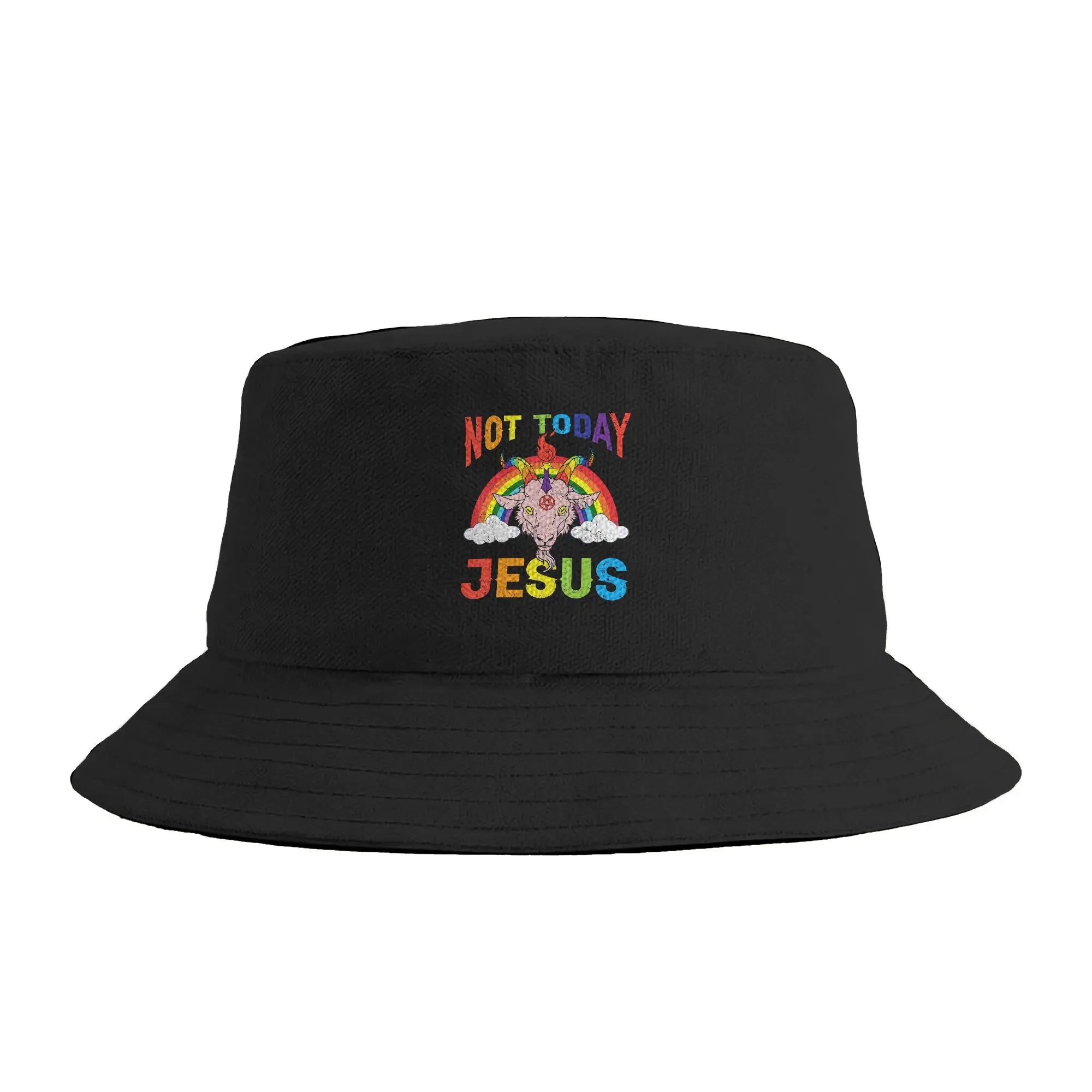 Today Not Jesus Satan Goat Satanic Rainbow Bucket Hat  Harajuku Fisherman Caps Foldable Travel Hiking Visor Hats Custom DIY Cap