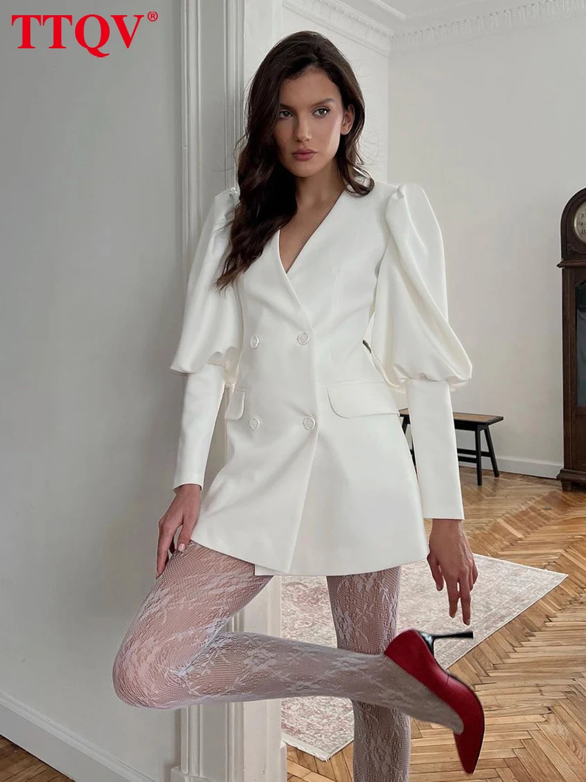 

TTQV Fashion Loose White Office Women's Dress Sexy V-Neck Long Sleeve Mini Dresses Elegant Classic Solid Female Dress Streetwear