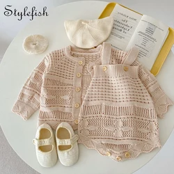 Spring infant clothes baby girl romper Baby knitted hollow pattern sweater 2 piece suit sets newborn jacket romper