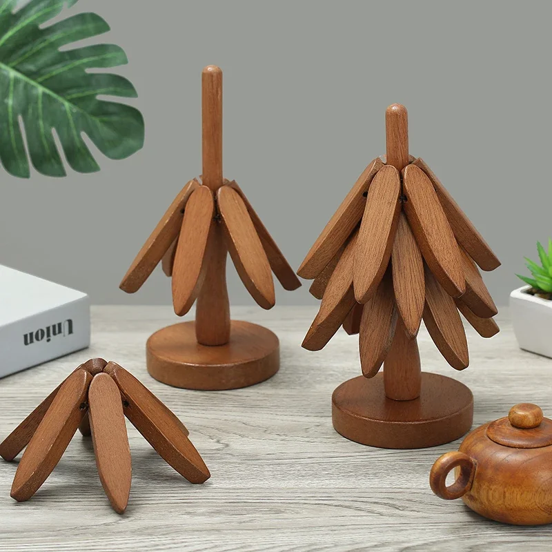 Creative Wooden Tree Shaped Coaster Set with Holder, 3/4/5Pcs Heat Insulation Cup Mats for Home Kitchen Office Table Decor Gift