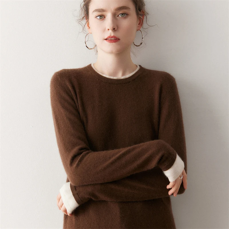 

Women 100% Cashmere Sweater O-neck Long Sleeve Pullover Autumn Winter Basic Simple Style Fake Two Piece Cashmere Knitwear Tops