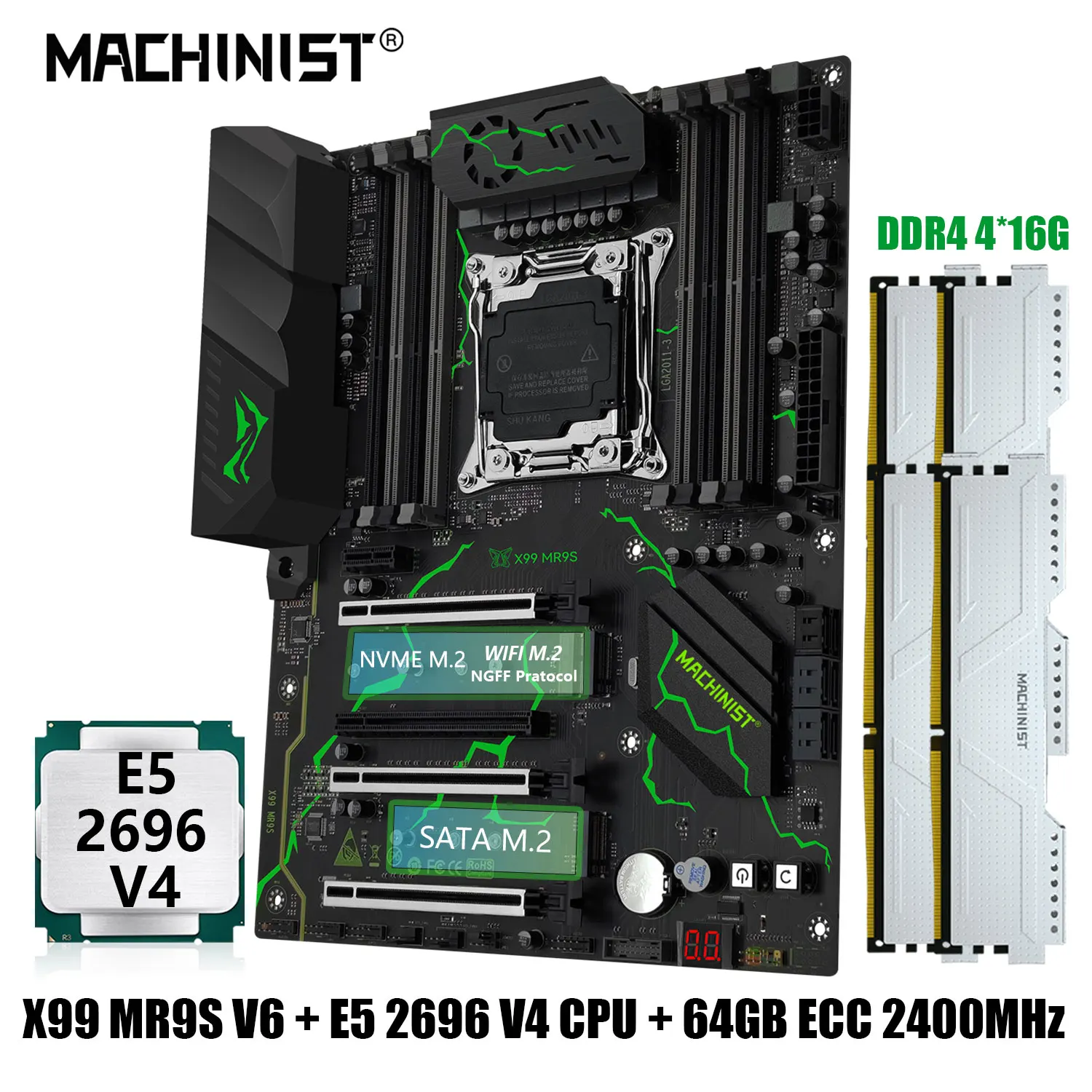 MACHINIST X99 MR9S Motherboard combo Kit with Xeon E5 2696 V4 CPU And DDR4 64G=4*16GB RAM Memory Set Four Channel ATX NVME M.2