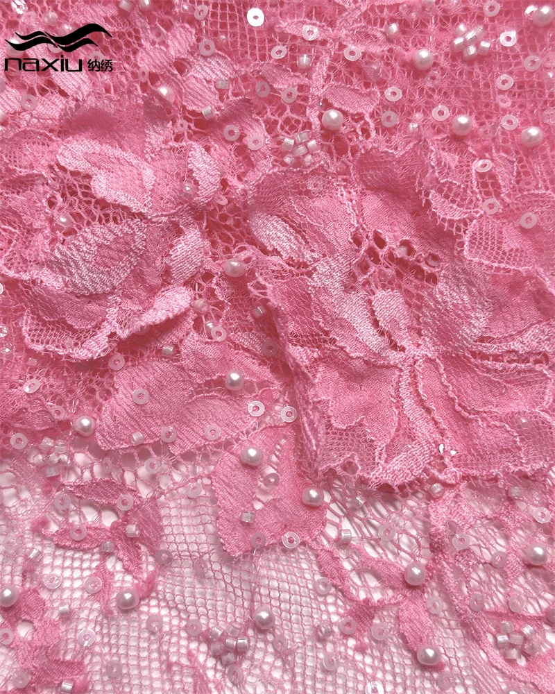 

Madison Pink Nigerian Soft Guipure Cord Lace Fabric 2026 High Quality 3D African Mesh Beads Embroidery Lace Fabric Wedding Party