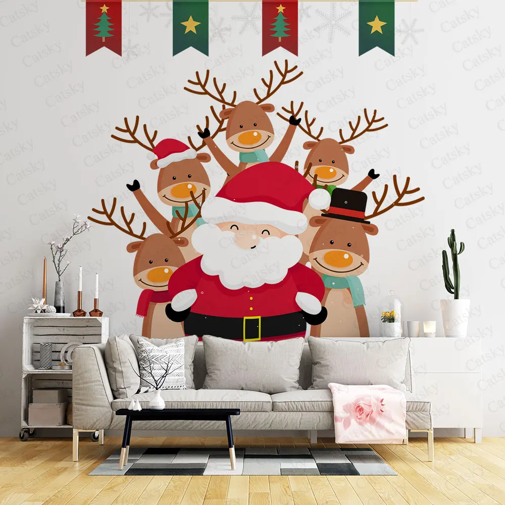 Merry Christmas Santa Claus Wall Sticker Festival Living Room Background Wallpaper New Year Home Decoration Self-adhesive Decals