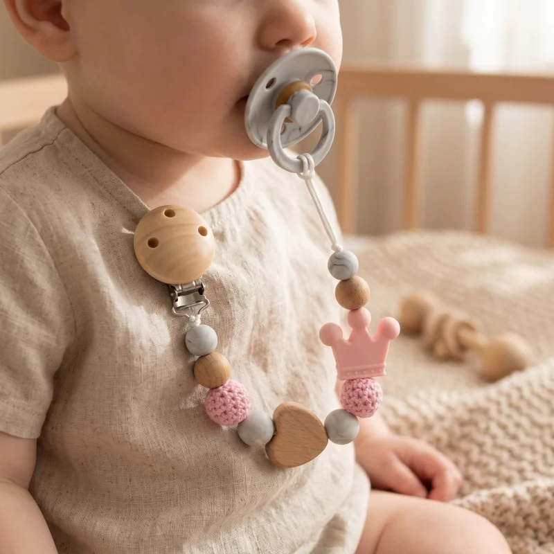 Personalized Baby Pacifier Clip Wood Heart Silicone Crown Teether Dummy Chain Crochet Beads Soother Holder BPA Free Gift