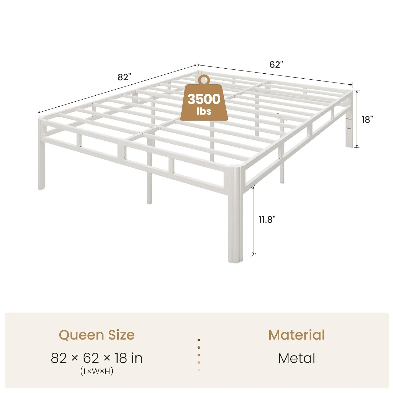 18 Inch Heavy Duty Metal Queen Platform Bed Frame White, Customized