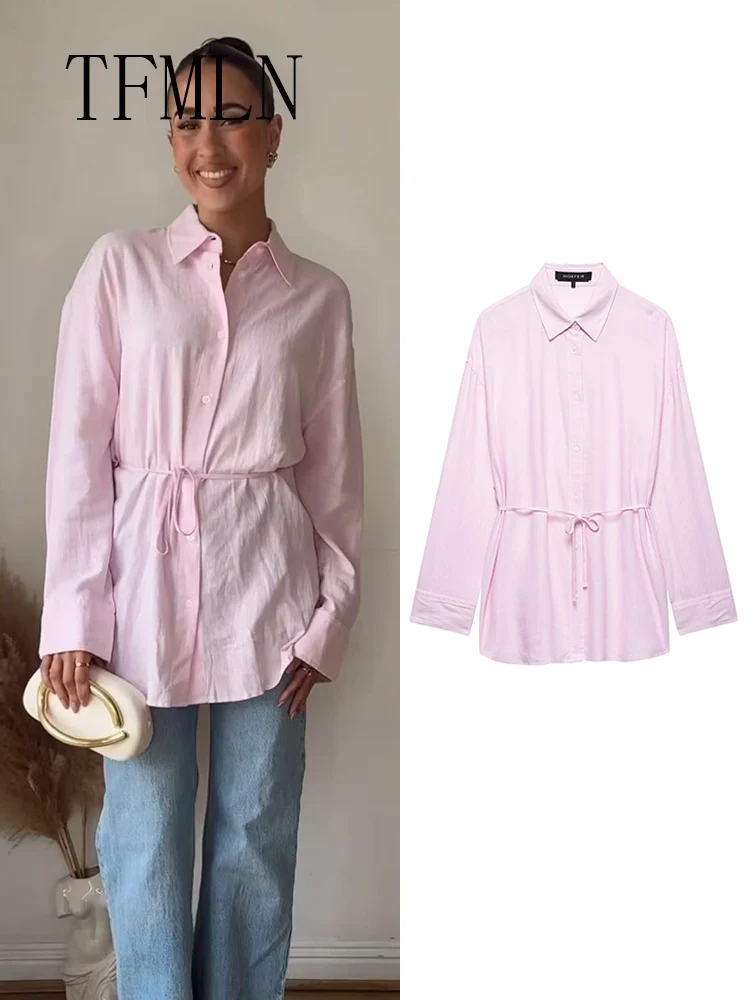 

TFMLN Простая повседневная блузка на шнуровке для женщин, весна-лето 2024, однобортные свободные топы с лацканами, однотонная рубашка для девочек High Street