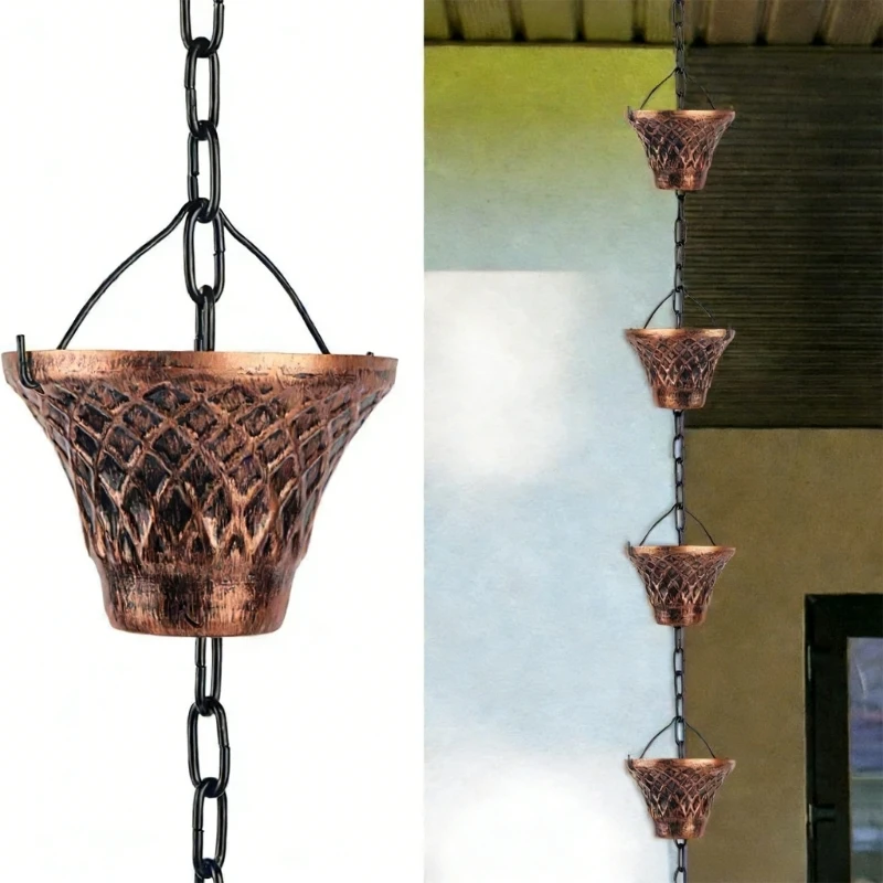 Rain Chain Bucket Shaped Rain Chain Set Rust Resistant Rainchain Gutter Adapter Rain Chain for Gutter Downspout Decoration KXRE