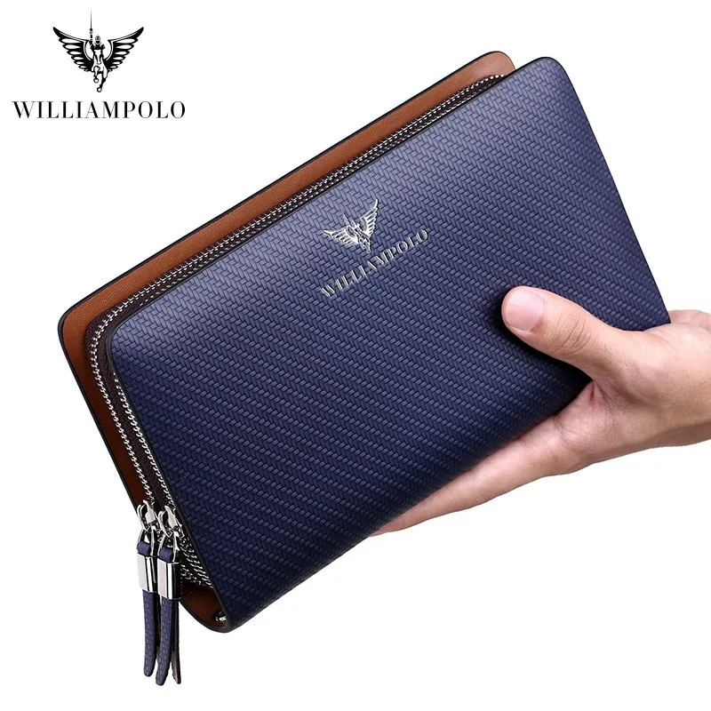 WILLIAMPOLO-cartera de mano de gran capacidad para hombre, bolso de mano de cuero genuino con doble cremallera, cartera larga de negocios