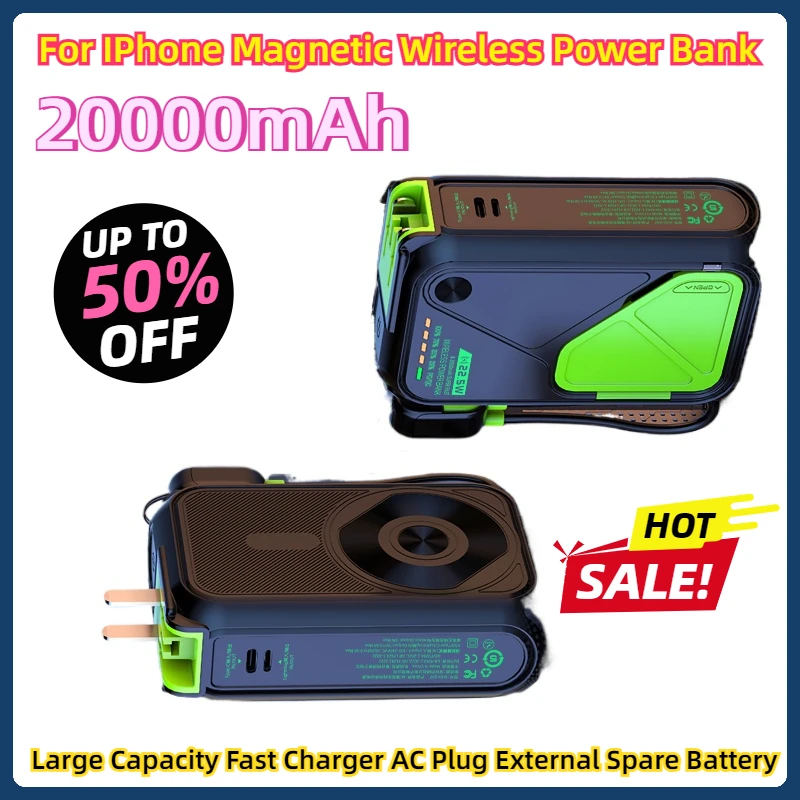 

For IPhone Magnetic Wireless Power Bank Large Capacity Fast Charger AC Plug External Spare Battery 20000mAh Powerbank