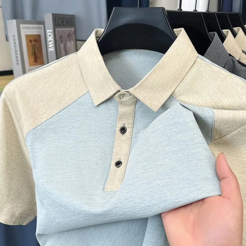 GELITAYIN Summer Elastic Casual Short-Sleeved Leisure Patchwork Contrast Color Polo Shirt Short Sleeve Sports Vintage Streetwear