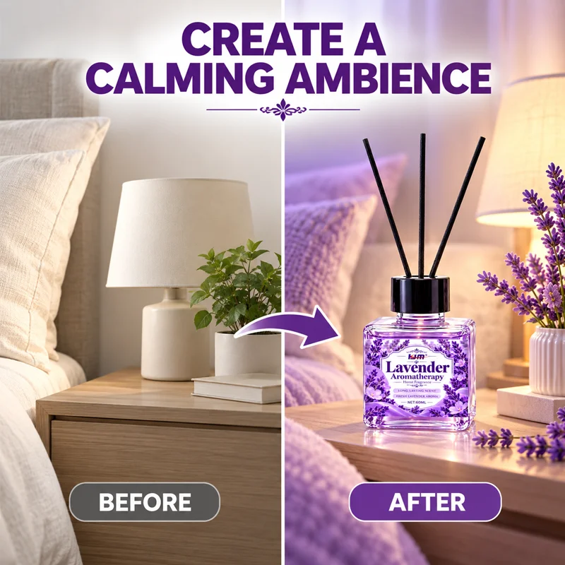KJM Lavender Reed Diffuser 60ML Home Fragrance Long Lasting Aroma Oil Room Freshener Aromatherapy Decor For Bedroom Bathroom