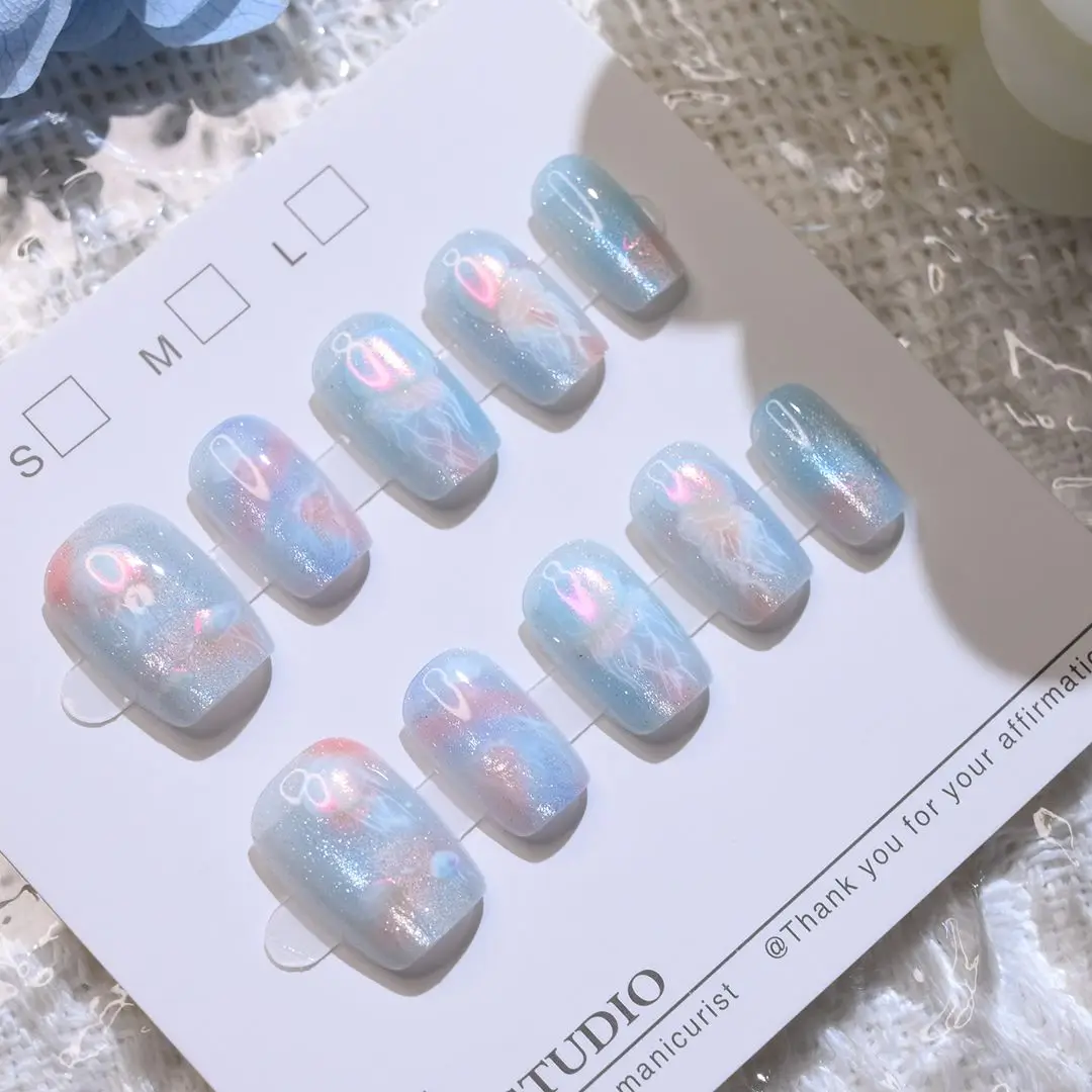10 Pcs Women Girls Dreamy Fish Tail Jellyfish New Handmade Cat Eye Press on Nails Detachable Teen Wearable Nail Art Fake Nails