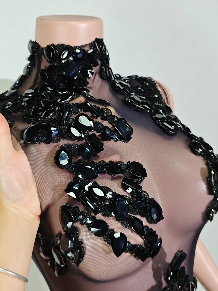 ショーガールコスチューム スパークルブラックラインストーン シースルーボディスーツ フリンジスパンコール ダンスウェア パフォーマンス ドラッグ ナイトクラブ セレブレート