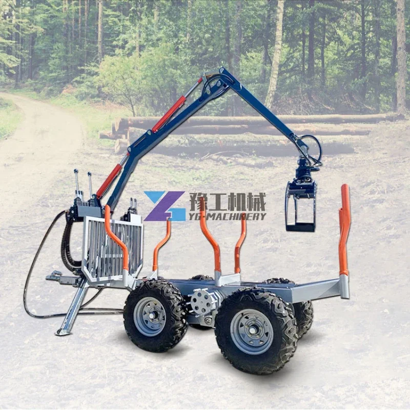 Hydraulic Atv Farm Tractor Log Timber Wood Trailer with Crane Grapple Remote Control Winch for Forestry Machinery