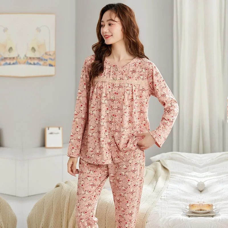 2024 New Spring Female Casual Breathable Long Sleeves Trousers Pajamas Sets Middle-Aged Women Round Neck Plus Size Homewear Suit
