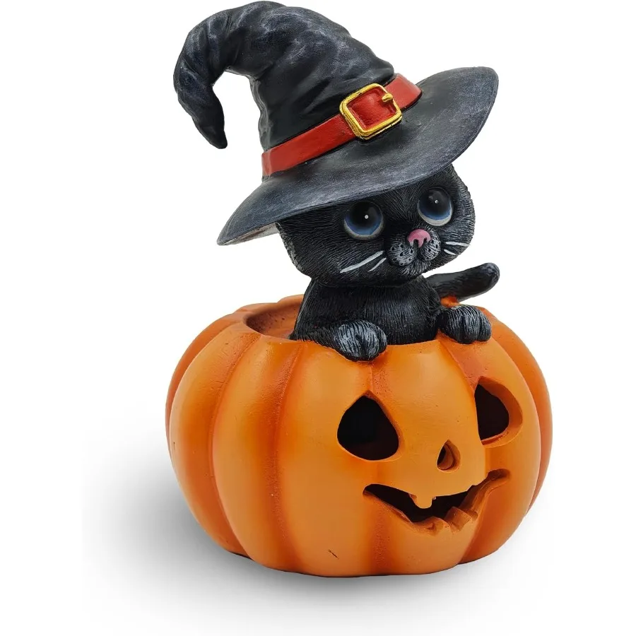 Decoraciones de gatos de Halloween en calabaza: adorno interior con sombrero de bruja para el hogar, oficina, chimenea, fiesta, regalo ideal para amantes de los gatos