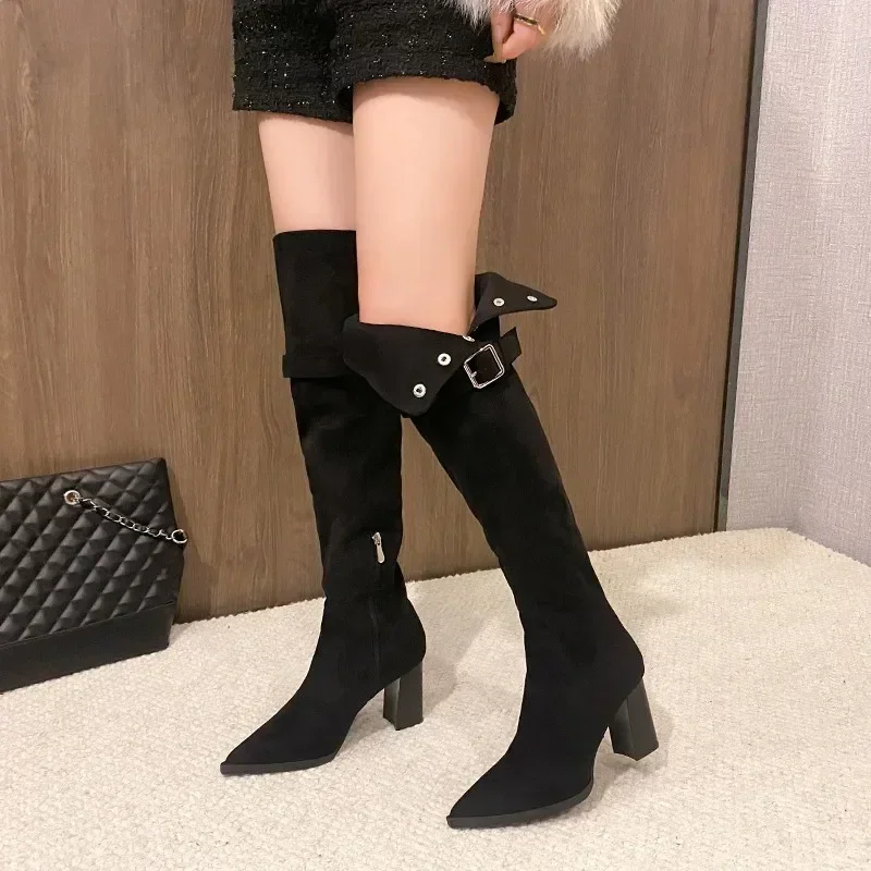 

Women's Over The Knee Boots Suede Tall Sexy High Heels Women's Buckle Warm Slim Thigh High Boots Party 2024 Women's Winter Boots