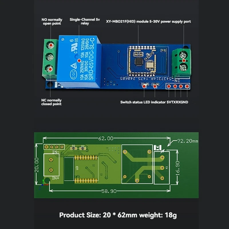 

AA08I Модуль с одним релейным переключателем Bluetooth Модуль бесконтактного переключателя с автоматическим смыслом Модуль разблокировки приближения сотового телефона