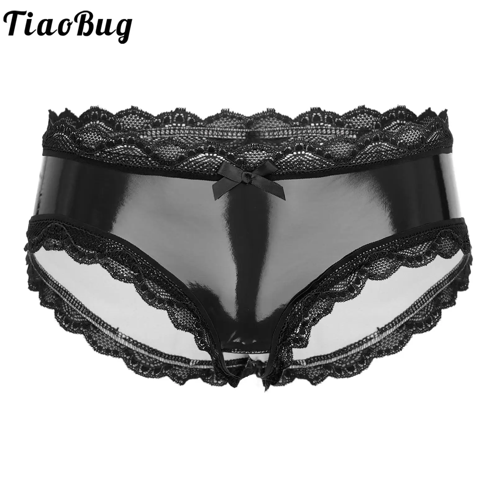 

Men's Crotchless Thongs Shiny Wet Look Patent Leather Low Rise High Cut Mini Briefs Underwear Male Sexy Underpants Clubwear