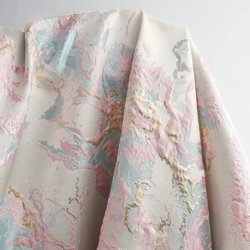 Pink Blue Gilded Block Texture Jacquard Polyester Fabric Chinese Style Relief Qipao Jacket Clothing Designer Fabric