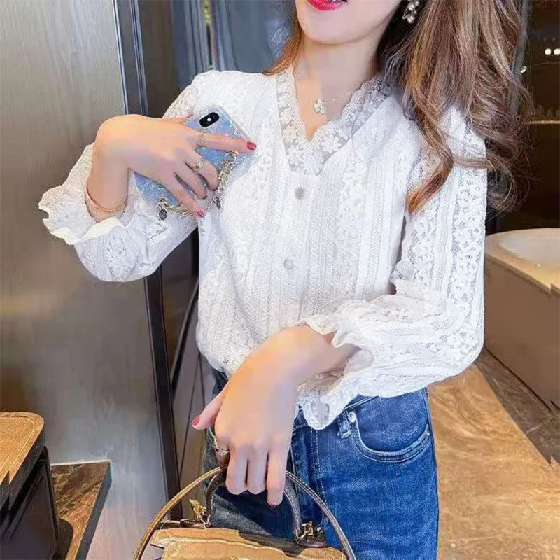 Spring Autumn Korean Style Elegant Fashion Solid V-neck Lace Shirt Top Women Long Sleeve All-match Buttons Blouse Femme Cardigan