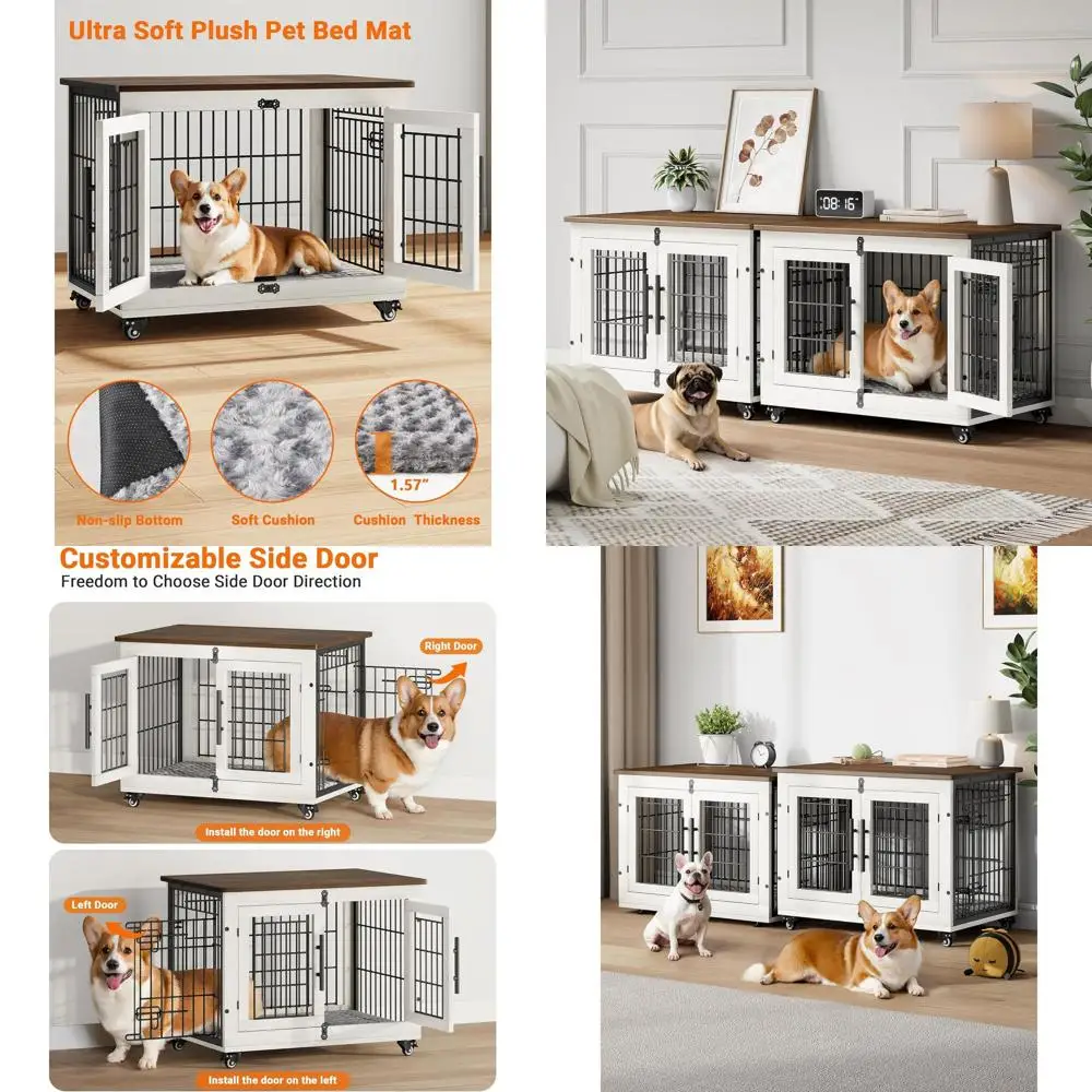 

Wooden Dog Crate with Cushion Set, Double Door Kennel, Wheels, Side Table for Small to Medium Dogs up to 45 lbs, 32.5 L, White