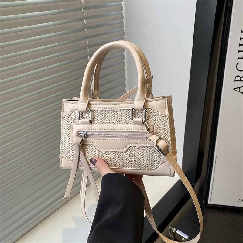 

2025 Spring Woven Square Bag Womens Solid Color Shoulder Purse Vintage Crossbody Handbag Minimalist Braided Tote