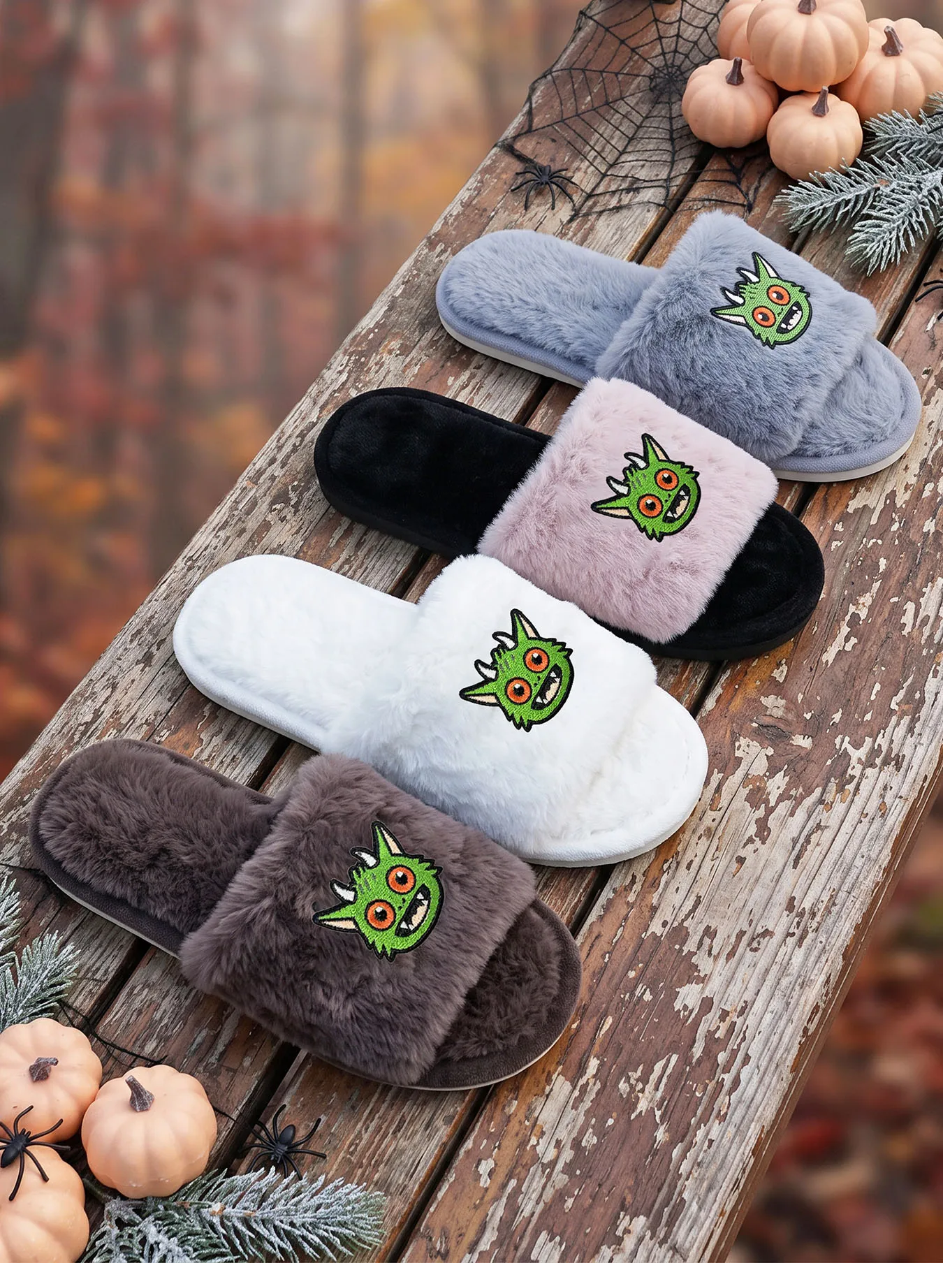 New Women Fashion Cozy Halloween Fur Slides Lightweight Flat Heel Open Toe Monster Design Indoor Home Shoes