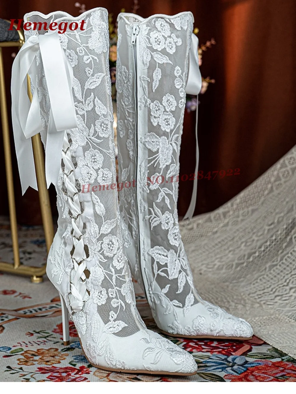 Lace Flower Print Romantic Sandals Pointy Toe Stiletto High Heels Women's Boots Cross Tied Lace-Up Casual Shoes Air Mesh Luxury