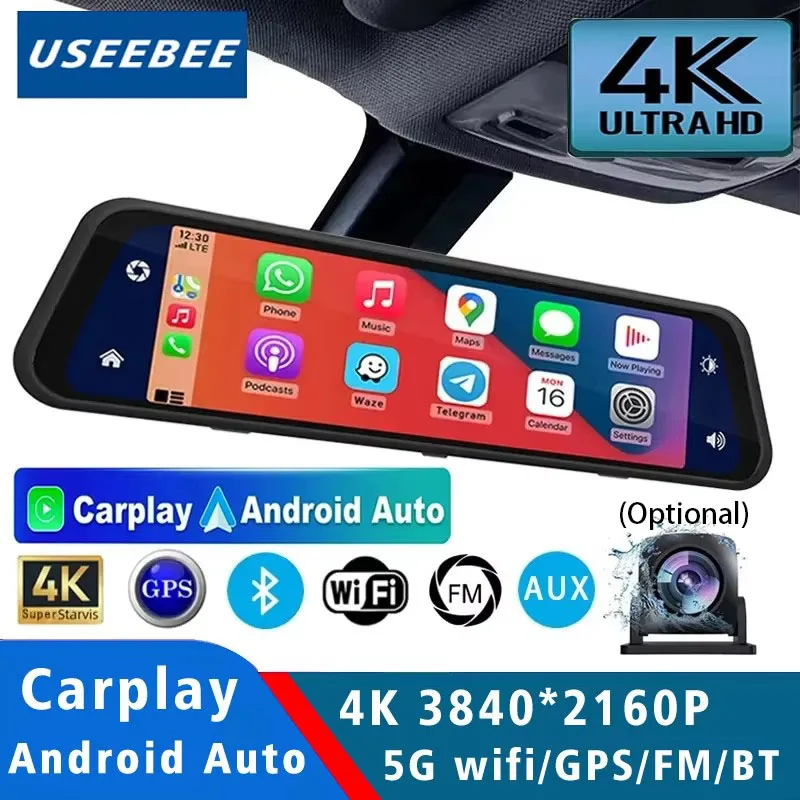4K 3840*2160P Dash Cam Carplay Android Auto Car Dvr Stream RearView Mirror GPS 5G WIFI FM Radio Dashcam Camera Drive Recorder