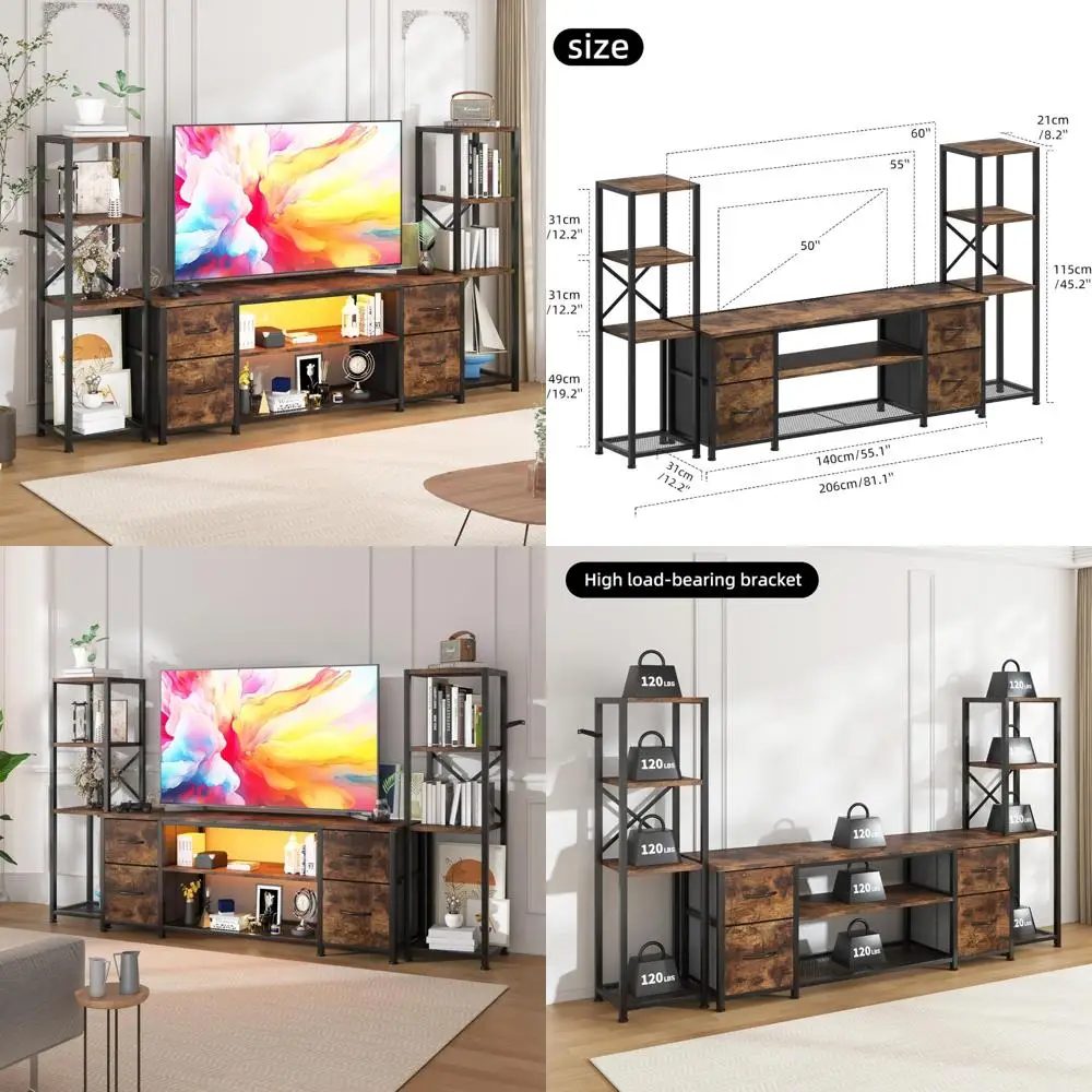 حامل تلفزيون LED حديث مقاس 60 بوصة لغرفة المعيشة مع محطة شحن وأرفف كتب على الطراز الصناعي