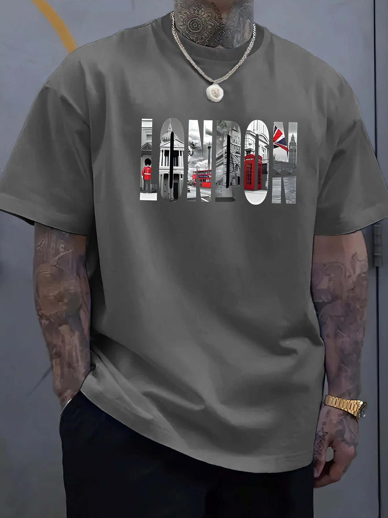 

Pop Men's Summer 100% Pure Cotton London" Trendy Print Casual Short-Sleeved T-Shirt For MenSpring And Summer Top Comfortable Rou