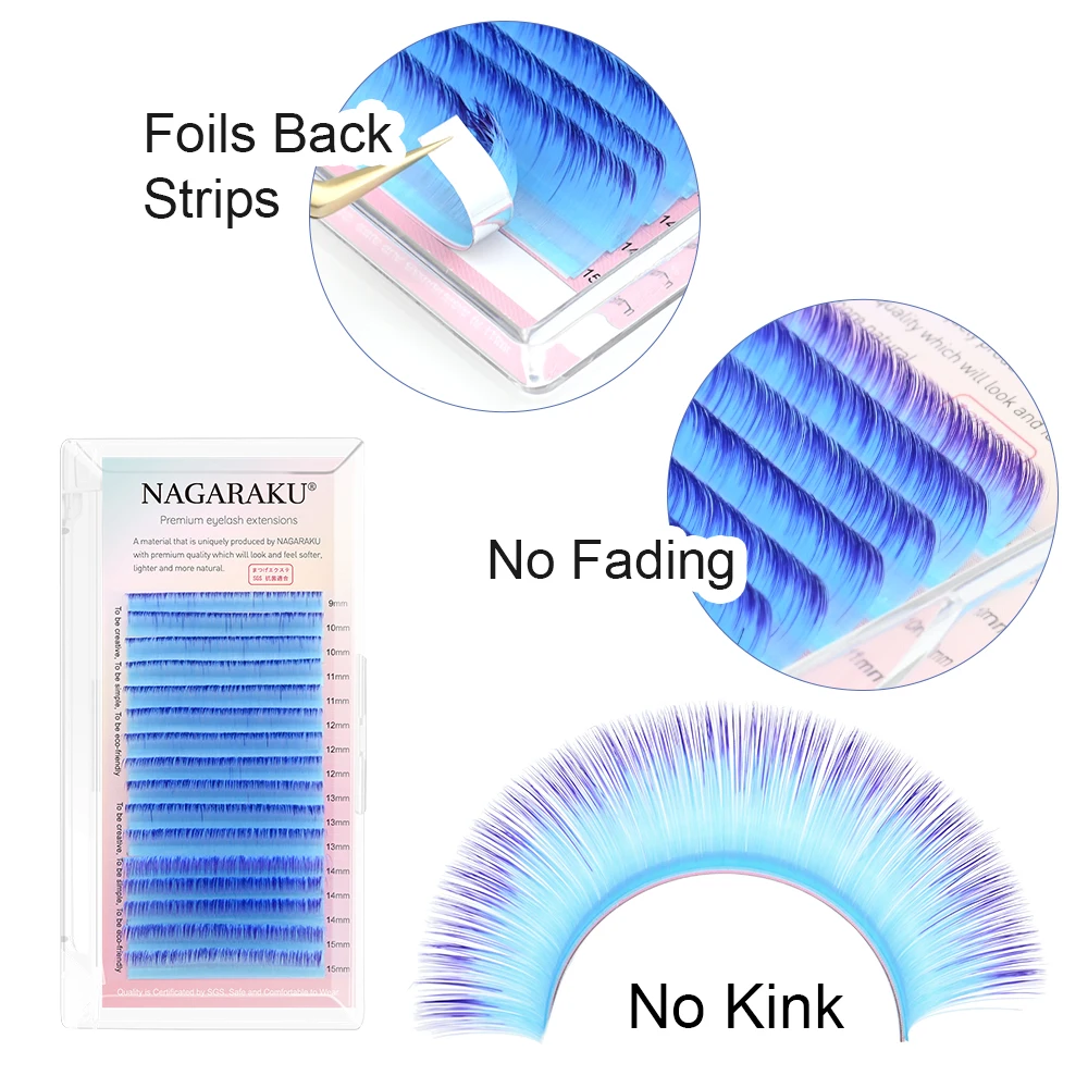 NAGARAKU Color Easy Fanning Eyelash Extension Auto Fans Eyelashes Ombre Blue Pink purple Mix 9-15mm 16 Lines Mega Volume