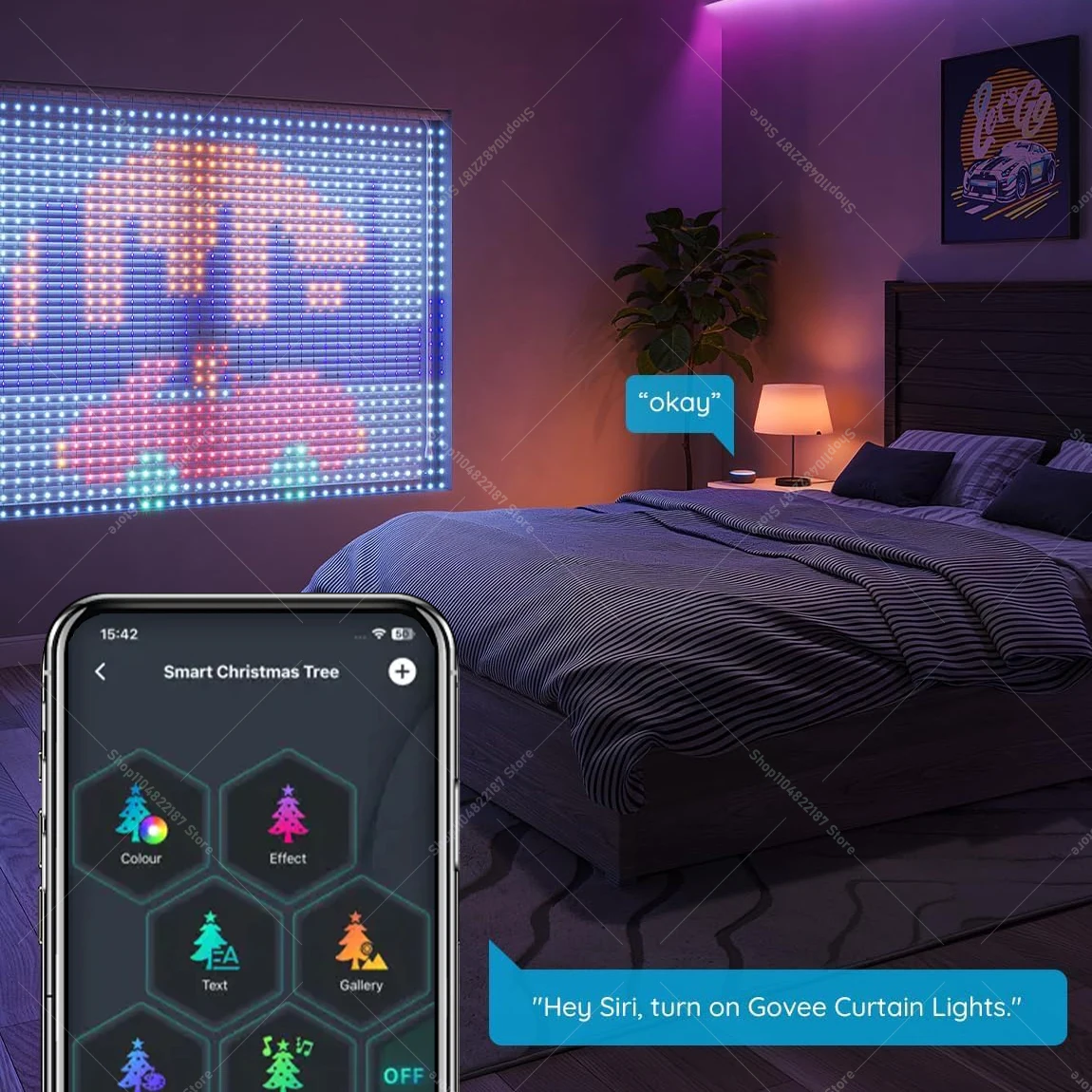 400LEDs Smart LED Curtain Lights with AI Google Assistant & Alexa Voice Control DIY LED String Lights for Window & Bedroom Decor