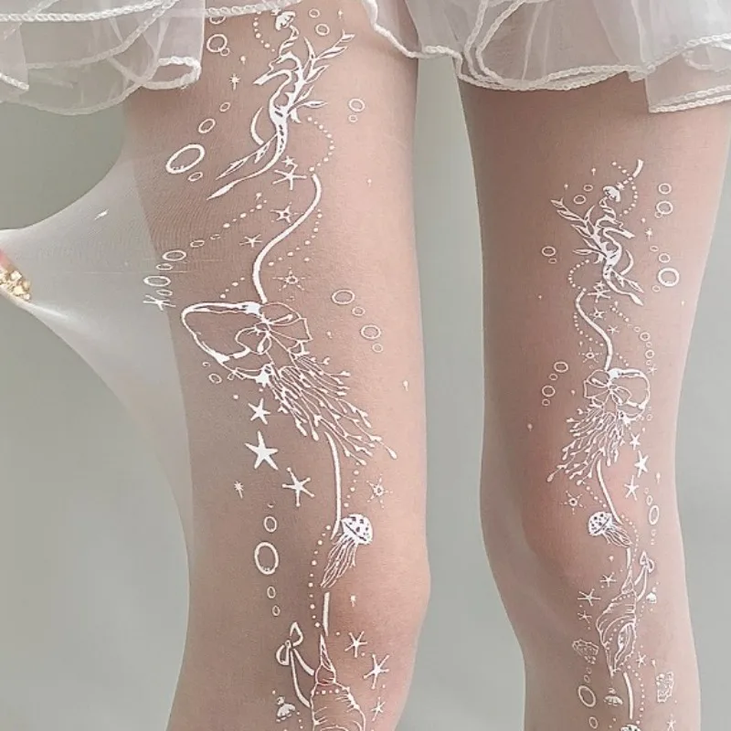 Damen Niedliche Weiße Strumpfhose mit Meereskreaturen-Print, Lolita-Strumpfhose für Cosplay, Alltag, Party, Sommer-Socken