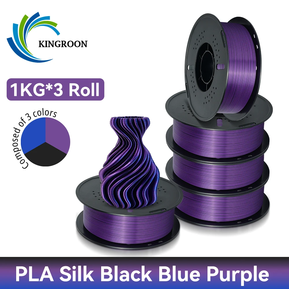 

KINGROON 5 кг 3 кг 1 кг PLA Silk, 3 цвета, филамент 1,75 мм для 3D-принтера, с высоким глянцевым покрытием, яркий и блестящий, без спутывания