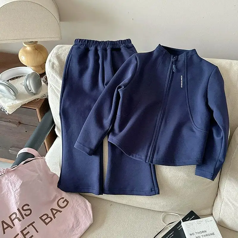 2026 Neue Mode Baby Mädchen 2-teiliges Sportoutfit Einfarbige Reißverschlussjacke Oberteil Schlaghose Anzug für Frühling Herbst Kinder – Detail 8