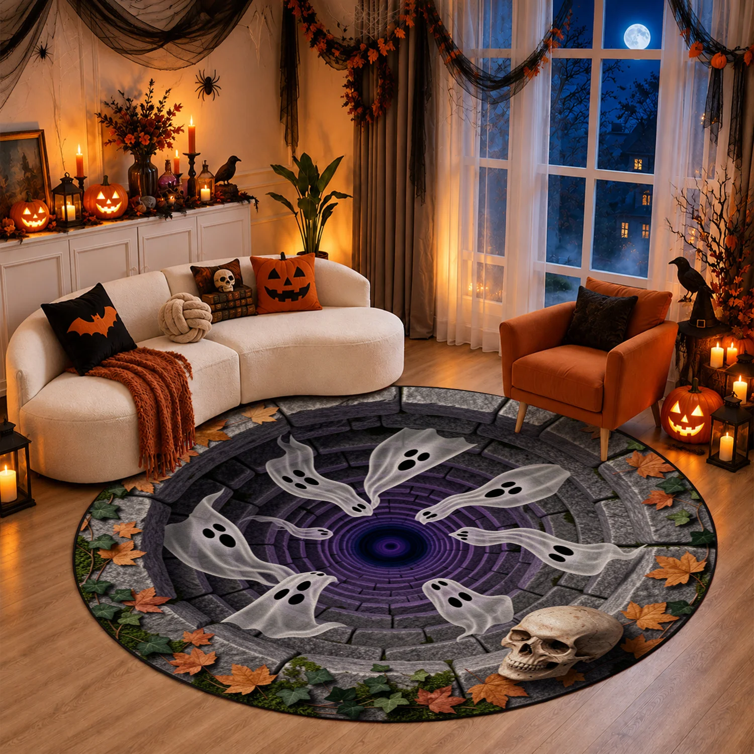 Spooky Ghost Skull Vortex Round Velvet Rug Machine Washable for Living Room Bedroom Entryway Dining Room Halloween Thanksgiving Black Friday Christmas New Year