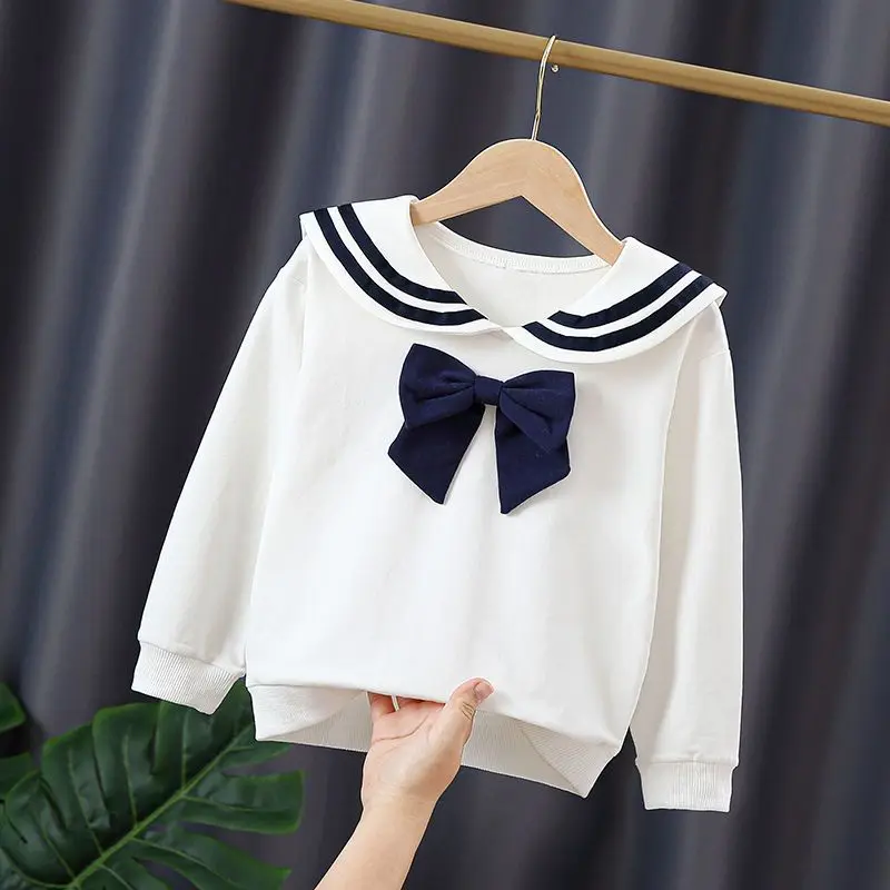 Kids Girls Tops Spring Autumn Cotton Navy Collar Bow Hoodies for Teenager Girls Casual Loose Hooded Sweater Children\'s Clothing