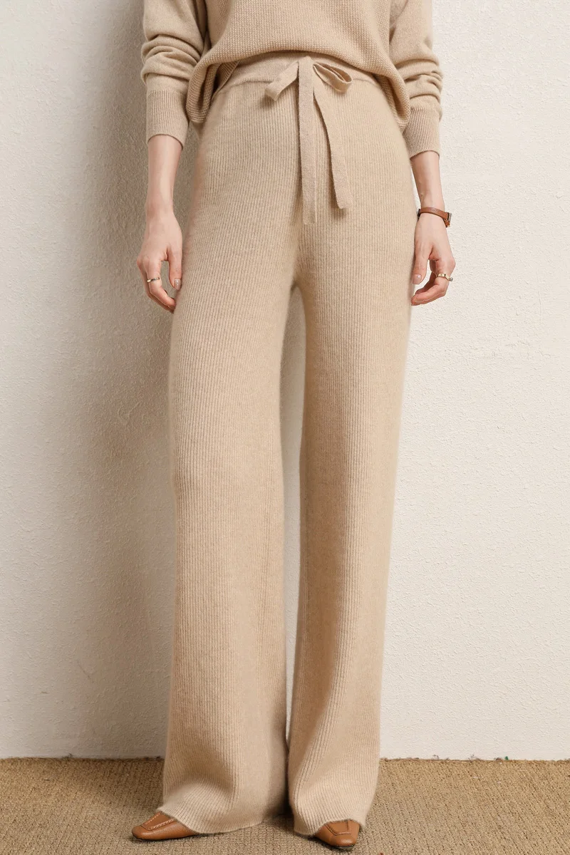 Autumn and winter new high-waisted loose wool knitted wide-leg trousers for women to wear straight leg wide-leg moped trousers