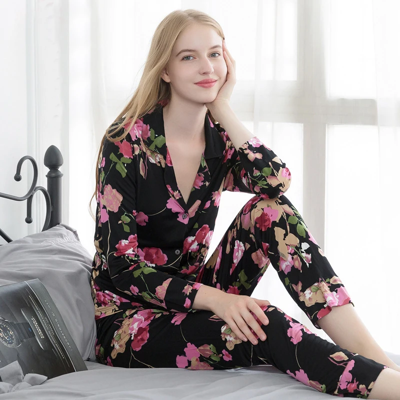 

100% Pure Knit Mulberry Silk Women's Floral Pajama Set Sleepwear Nightgown Sleep suit For women M L XL 2XL 3XL YAMI0044